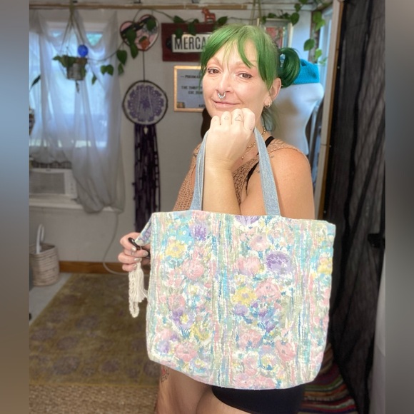 Vintage 90s Pastel Floral Quilted Denim Handle Cottagecore should bag Purse - Picture 4 of 15